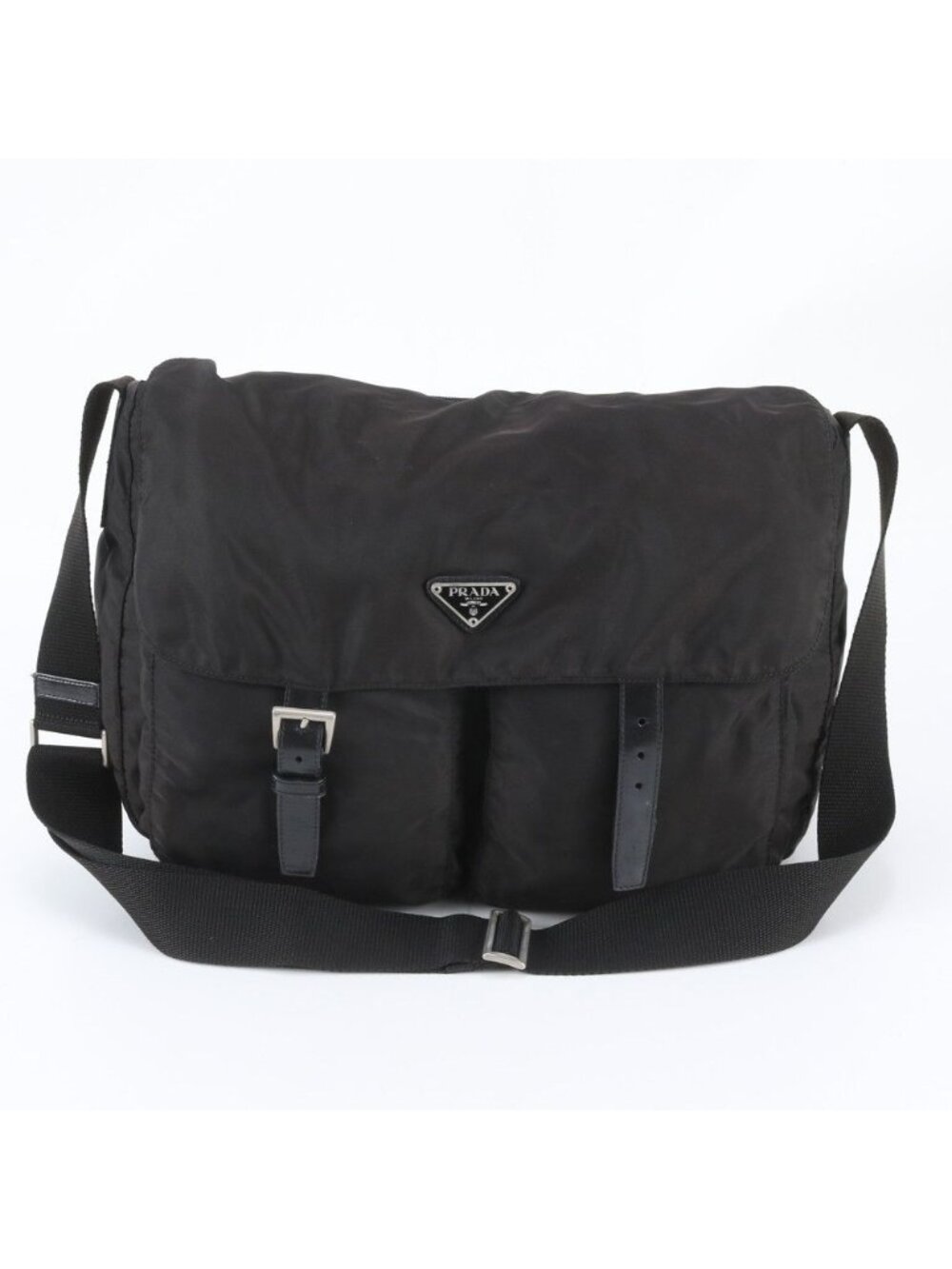 Prada Tessuto Nylon Triangle Logo Leather Shoulder Bag Crossbody Messenger Black